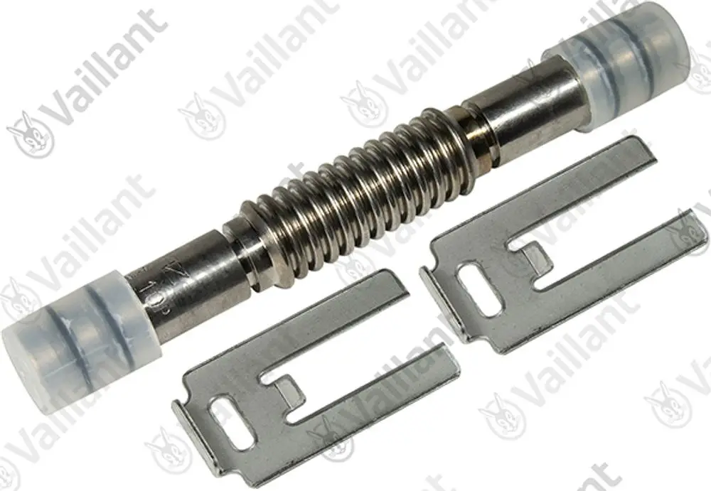 Vaillant-Produkt bestehend aus einem metallenen Federteil, umgeben von zwei Kunststoffkappen, und zwei metallischen Halterungen, die parallel angeordnet sind.